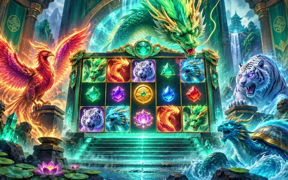 Ilustração do slot Mythical Guardians com rolos visíveis, dragão verde, fênix, tigre branco e tartaruga-dragão em cenário de templo